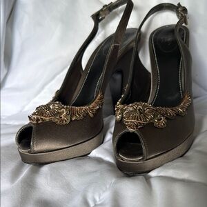 Prada Brown Gold Heels with Peep-Toe Design